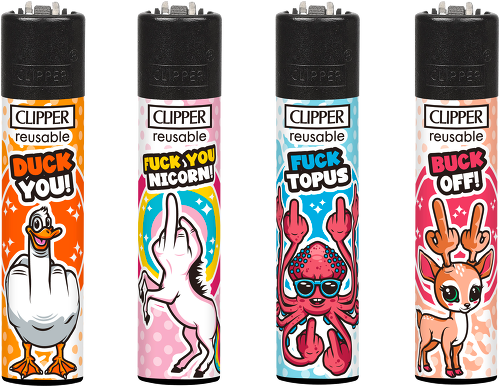 clipper, wiederverwendbar, Feuerzeug, Ente, Einhorn, Tintenfisch?, Fingerzeichen, Buck off