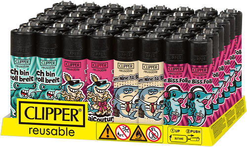 Feuerzeug, Clipper Feuchttaschen?, Mehrfarbiges Feuerzeug, Einweg-Feuerzeug, Bunte Motive